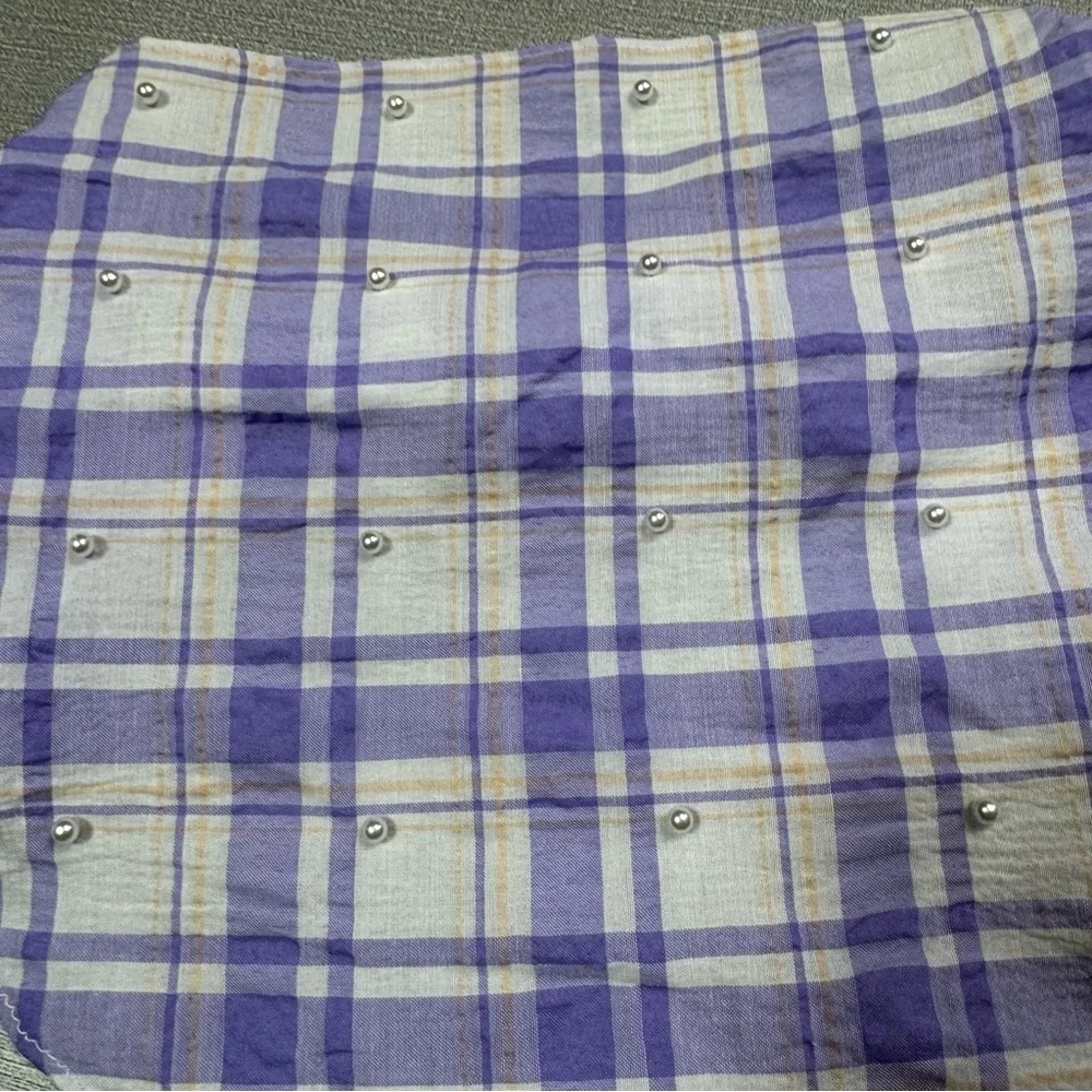 New Anthropologie Purple Plaid Pearl Embellished Hair Scarf